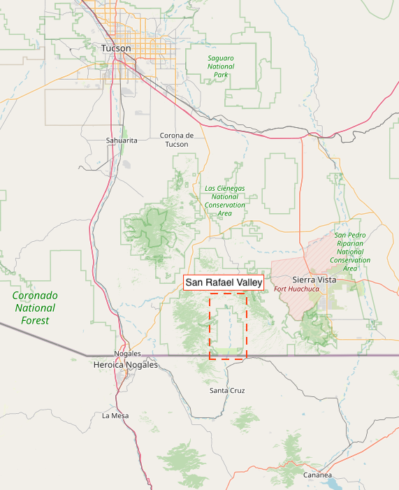 a map, downloaded from OSM, showing the relation of San Rafael Valley to Tucson