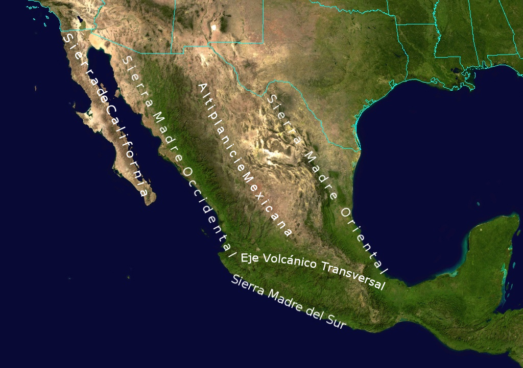A map of Mexico with the main mountain ranges labeled